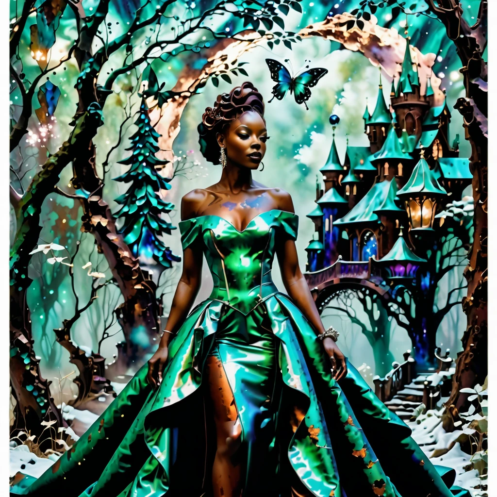 pms style, patina metal skin android Black woman Wearing a sculptural off-the-shoulder dress in a rich jewel tone, with a statement-making train Fairy tale setting, enchanted landscape, magical beings, dreamy atmosphere, otherworldly charm  