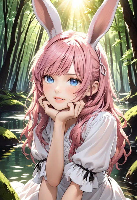 (high quality) (best quality) (a woman) (correct physiognomy) Woman, pink hair with bangs on her forehead, Bunny ears on her hea...