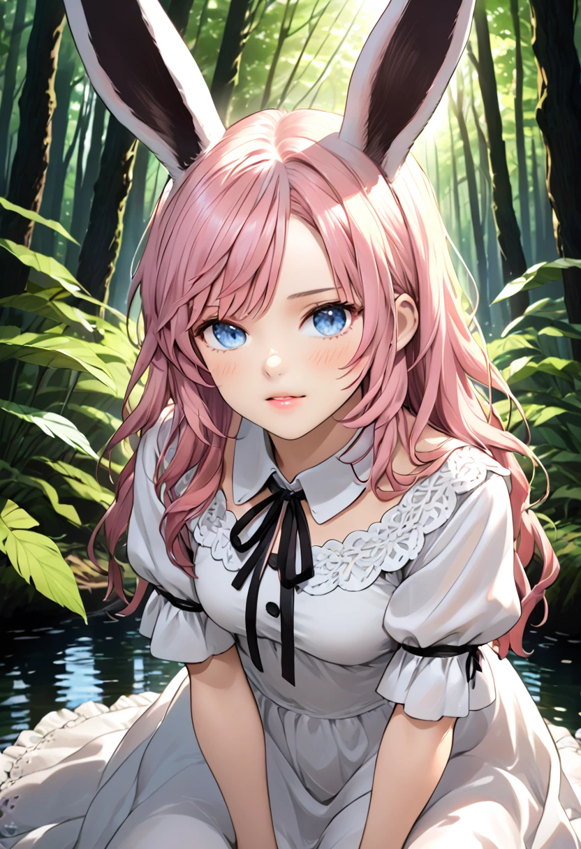 (high quality) (best quality) (a woman) (correct physiognomy) Woman, pink hair with bangs on her forehead, Bunny ears on her head, blue eyes, tender lips, middle age, a cute white dress style lolita, lighting of the photo: sunlight, It is in the middle of a lake un the forest