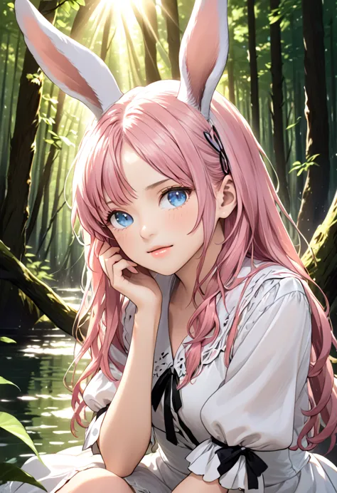 (high quality) (best quality) (a woman) (correct physiognomy) woman, pink hair with bangs on her forehead, bunny ears on her hea...