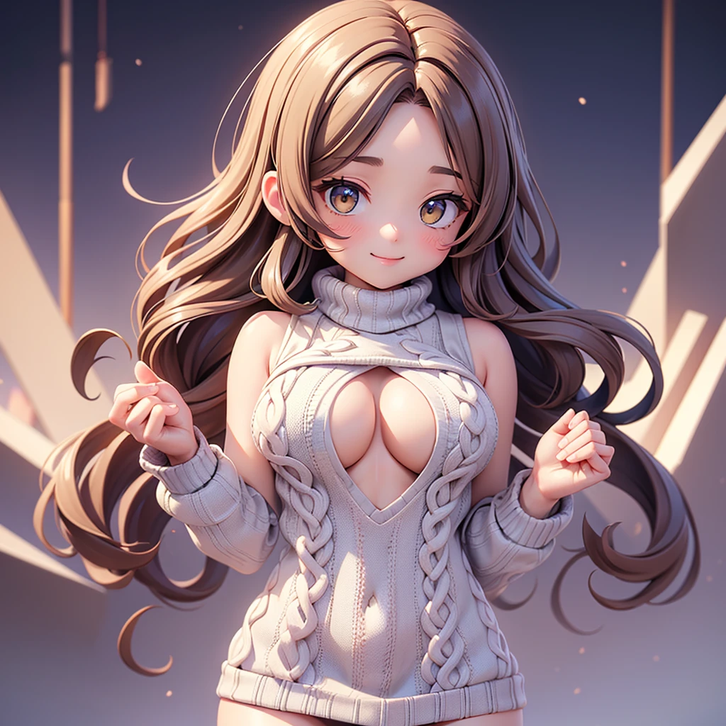 masterpiece, Highest quality, One girl, center parted hair、forehead,sholder length hair、medium hair、bright brown hair、virgin killer sweater, (sweater dress:1.2), ribbed sweater,sideboob,cleavage cutout, turtleneck sweater,(broen sweater:1.3),(crop top navel:0.8)、sleeveless,gentle smile、Very sexy、upper body,from front,