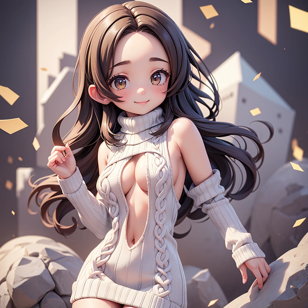 masterpiece, Highest quality, One girl, center parted hair、forehead,sholder length hair、medium hair、bright brown hair、virgin killer sweater, (sweater dress:1.2), ribbed sweater,sideboob,cleavage cutout, turtleneck sweater,(broen sweater:1.3),(crop top navel:0.8)、sleeveless,gentle smile、Very sexy、upper body,from front,