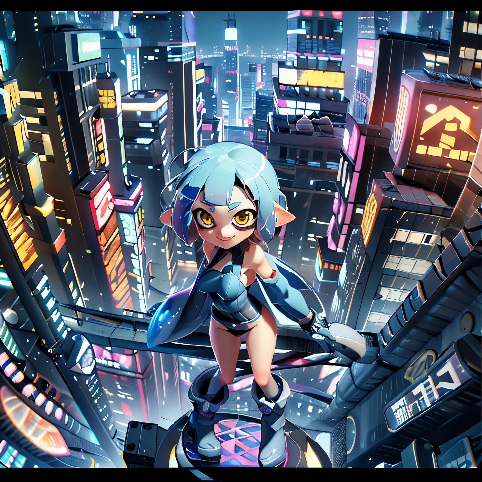 (masterpiece:1.2), Highest quality,Realistic, High resolution、
Cyber World,One Splatoon girl, Letterbox, alone, Golden Eyes、smile、blush、A slightly thinner face、Golden tentacle hair, Big Breasts、Cleavage、scenery, short hair, Jacket, sf, Holding, Holographic interface, The tallest building observation deck、Outdoor、((Miniature city))、A small looking town、City wide angle、city, blue Jacket, Fingerless gloves, city lights, Girl looking at the city below, cityscape, boots, building, night, Angle from above、Dynamic Pose、Fisheye Lens、Real Anime、3d、