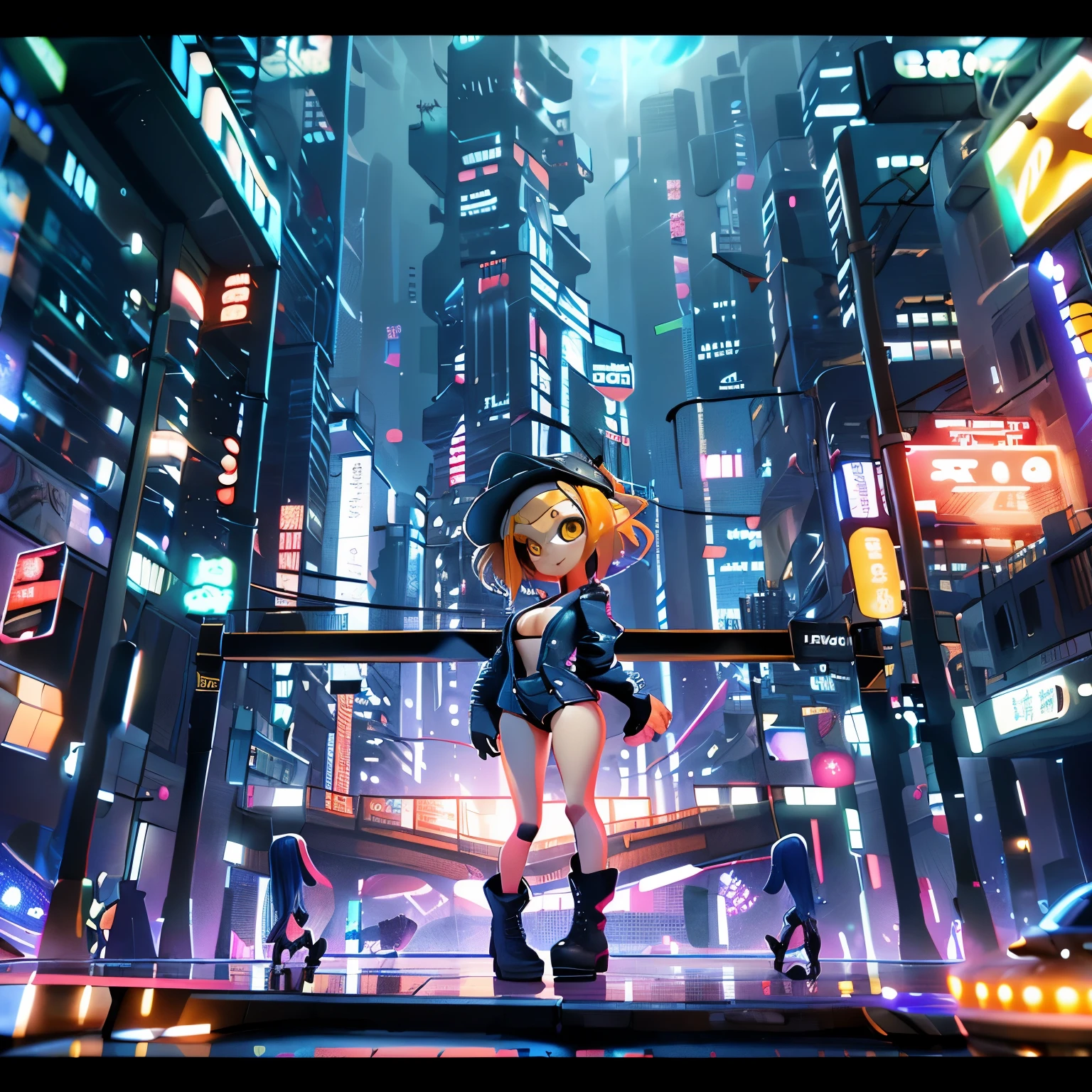 (masterpiece:1.2), Highest quality,Realistic, High resolution、
Cyber World,One Splatoon girl, Letterbox, alone, Golden Eyes、smile、blush、A slightly thinner face、Golden tentacle hair, Big Breasts、Cleavage、scenery, short hair, Jacket, sf, Holding, Holographic interface, The tallest building observation deck、Outdoor、((Miniature city))、A small looking town、City wide angle、city, blue Jacket, Fingerless gloves, city lights, Girl looking at the city below, cityscape, boots, building, night, Angle from above、Dynamic Pose、Fisheye Lens、Real Anime、3d、