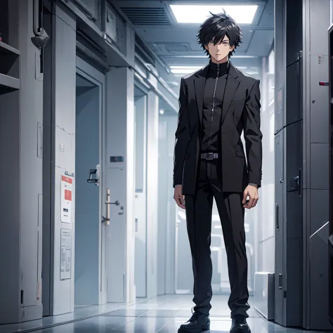 male character. in black clothes. in a futuristic setting