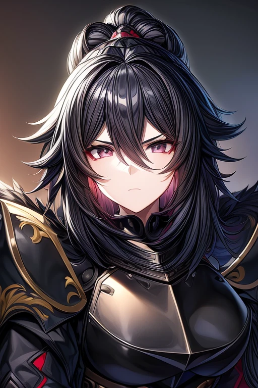 (masterpiece, best quality, perfect face, expressive eyes), 1girl, (anime), (adult), black hair, black eyes, black knight armor, black fur cape, intricate details, black breastplate, black pauldrons, 