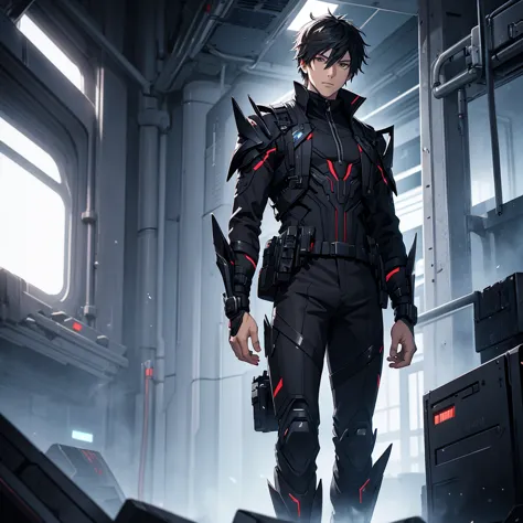 male character. in black clothes. in a futuristic setting