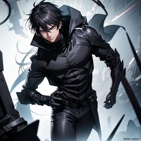 male character. in black clothes. in a futuristic setting