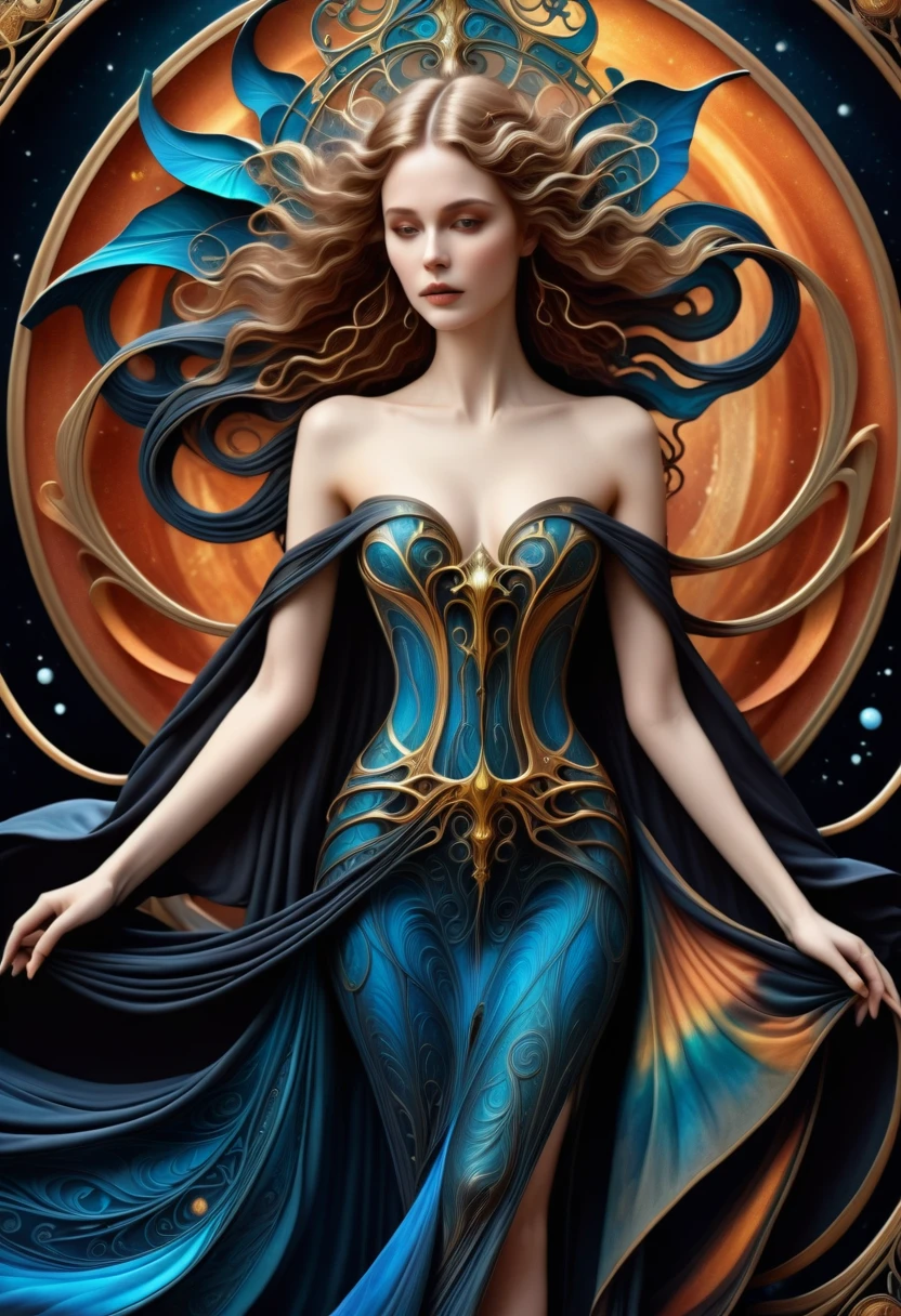 A beautiful wind goddess, flowing ethereal gown, intricate swirling patterns, floating gracefully, Hans Ruedi Giger biomechanical style, fantasy art nouveau, tarot card illustration, detailed portrait, stunning dramatic lighting, vibrant colors, photorealistic, 8k, best quality