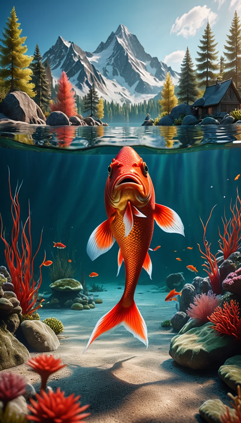 Front view：There is a red fish at the bottom of the lake(best quality，4K，8K，High level，masterpiece：1.2），Ultra Detailed，（lifelike，Photo real，Photo real：1.37），Highly detailed animals，Complex patterns，Realistic lighting，Fantasy Creatures