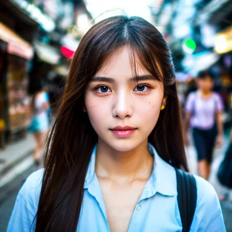a beautiful girl, detailed eyes and lips, alone in the middle of a street in Thailand&#39;s Chinatown, 1 girl, hight contrast, s...