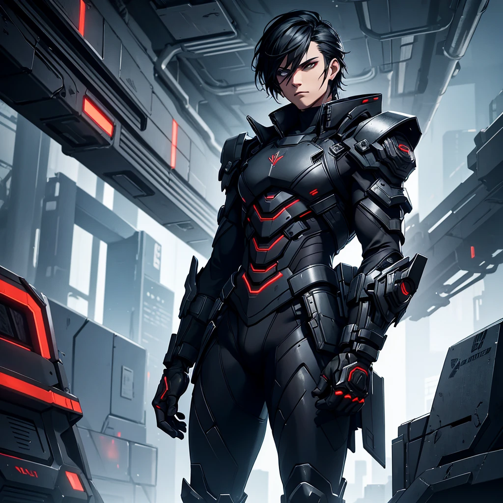 male character. in black clothes. in a futuristic setting. strong. wears futuristic cyberpunk-style armor.