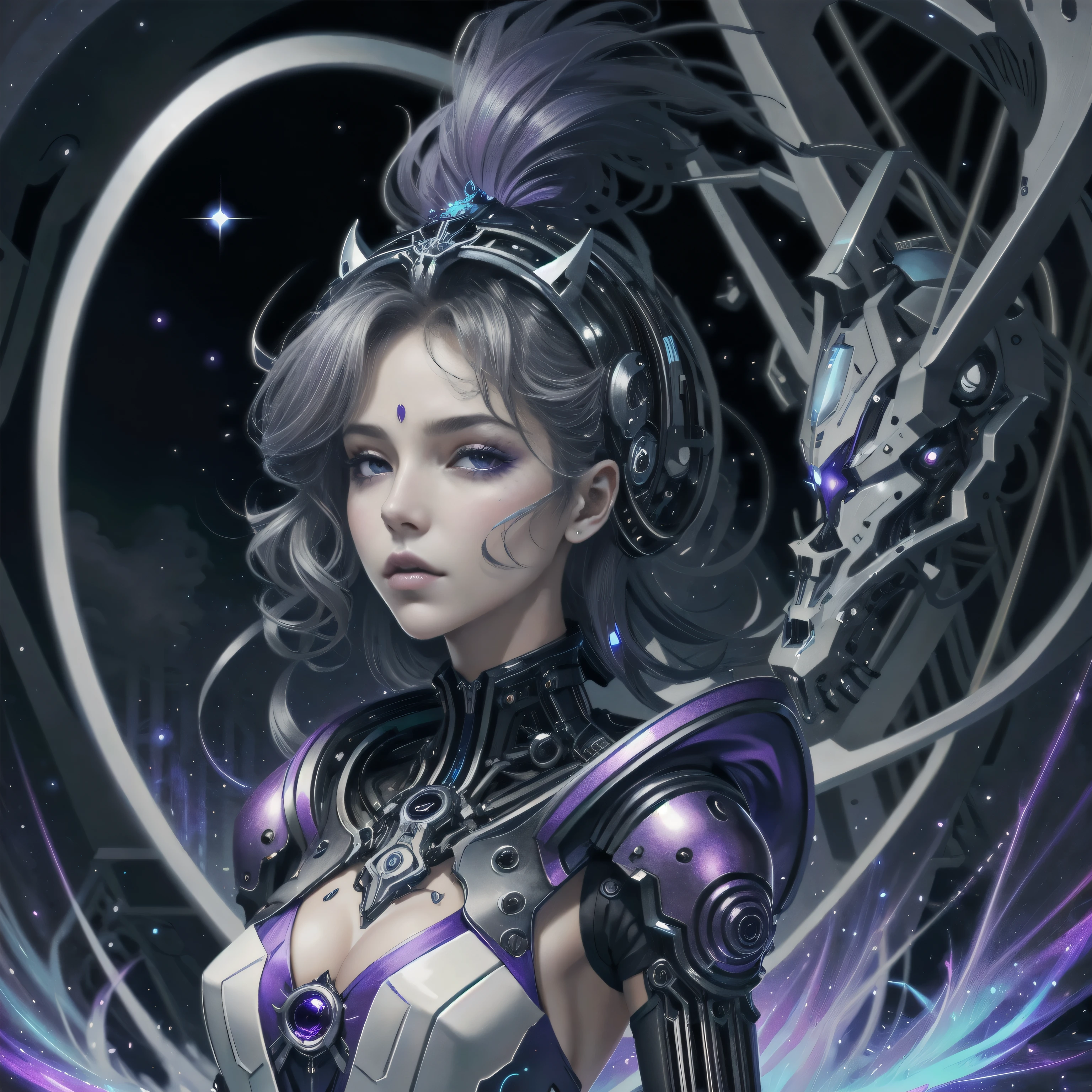 portrait d'une femme robot, les cheveux dans le vent, femme séduisante qui porte une robe de princesse, couleur violet et bleue, ciel étoilée, nuit féerique, visuel de musique techno, pochette de cd
