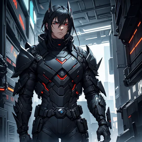 male character. in black clothes. in a futuristic setting. strong. wears futuristic cyberpunk-style armor.