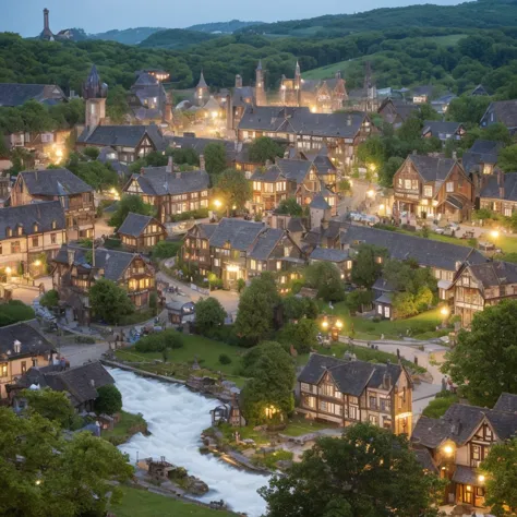 Maybe this… Quaint steampunk fantasy magical village nestled in a verdant valley, surrounded by rolling green hills. Rustic cobb...