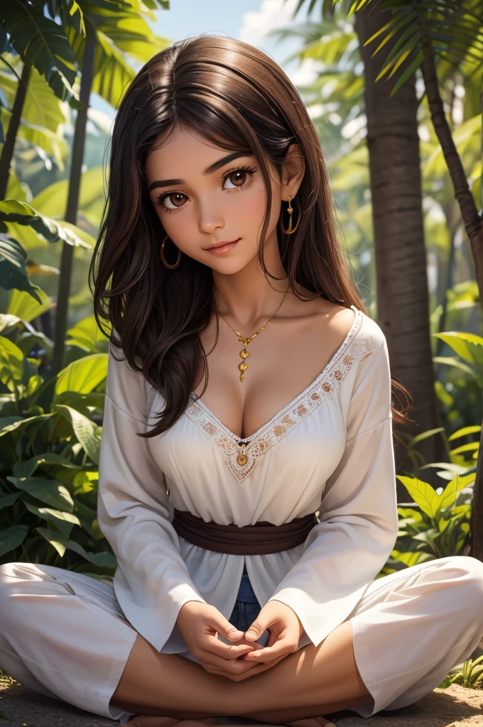 a young psychology student, de 1,63cm tall, with a more mature face of a 30 year old woman, medium body brunette with long dark brown hair, with dark brown eyes and an appearance that resembles a gypsy. She has a natural sensitivity and keen intuition, characteristics that help her deeply understand the emotions of those around her. Isabela is lively and dreamy, believing in the power of positivity and the transformative potential of psychology to promote personal growth and emotional healing. Your special connection with nature is evident in your daily routine, where he spends time meditating outdoors and practicing spiritual rituals. Determined to unite her interests in the human mind and the spiritual world, Isabela seeks to become a psychologist who doesn&#39;t just listen, but also guides his patients on journeys of self-discovery and emotional well-being.