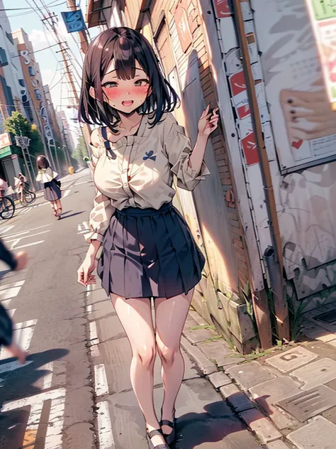 (((pussy juice:1.5,ahegao, blush))),Are standing, Navy pleated skirt, On the way to school, blush
