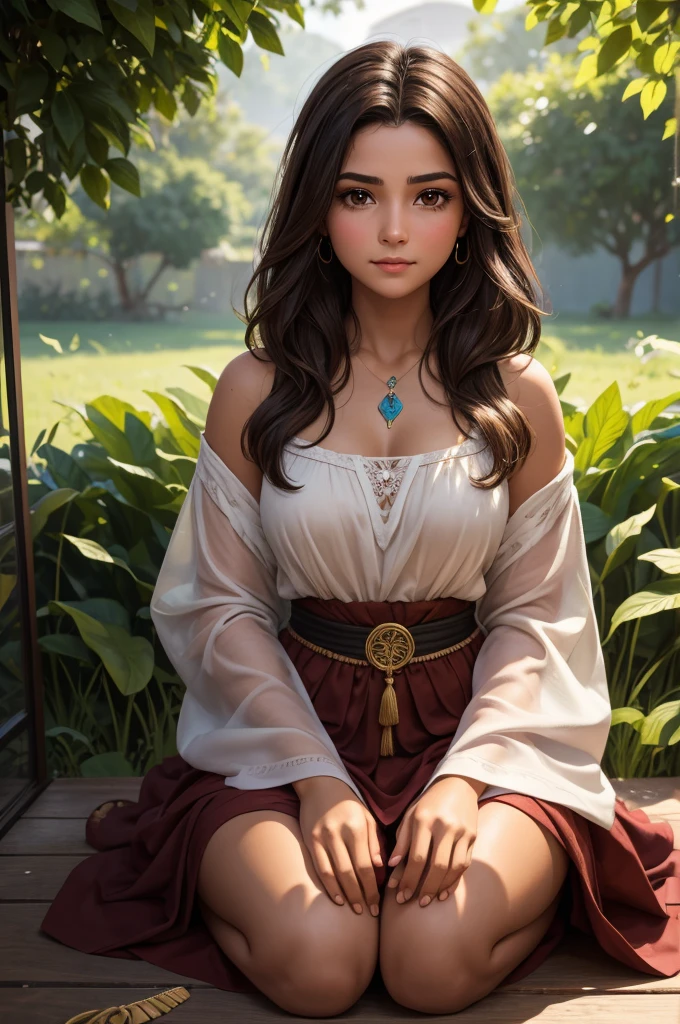 a young psychology student, de 1,63cm tall, with a more mature face of a 30 year old woman, medium body brunette with long dark brown hair, with dark brown eyes and an appearance that resembles a gypsy in long dresses. She has a natural sensitivity and keen intuition, characteristics that help her deeply understand the emotions of those around her. Isabela is lively and dreamy, believing in the power of positivity and the transformative potential of psychology to promote personal growth and emotional healing. Your special connection with nature is evident in your daily routine, where he spends time meditating outdoors and practicing spiritual rituals. Determined to unite her interests in the human mind and the spiritual world, Isabela seeks to become a psychologist who doesn&#39;t just listen, but also guides his patients on journeys of self-discovery and emotional well-being.
