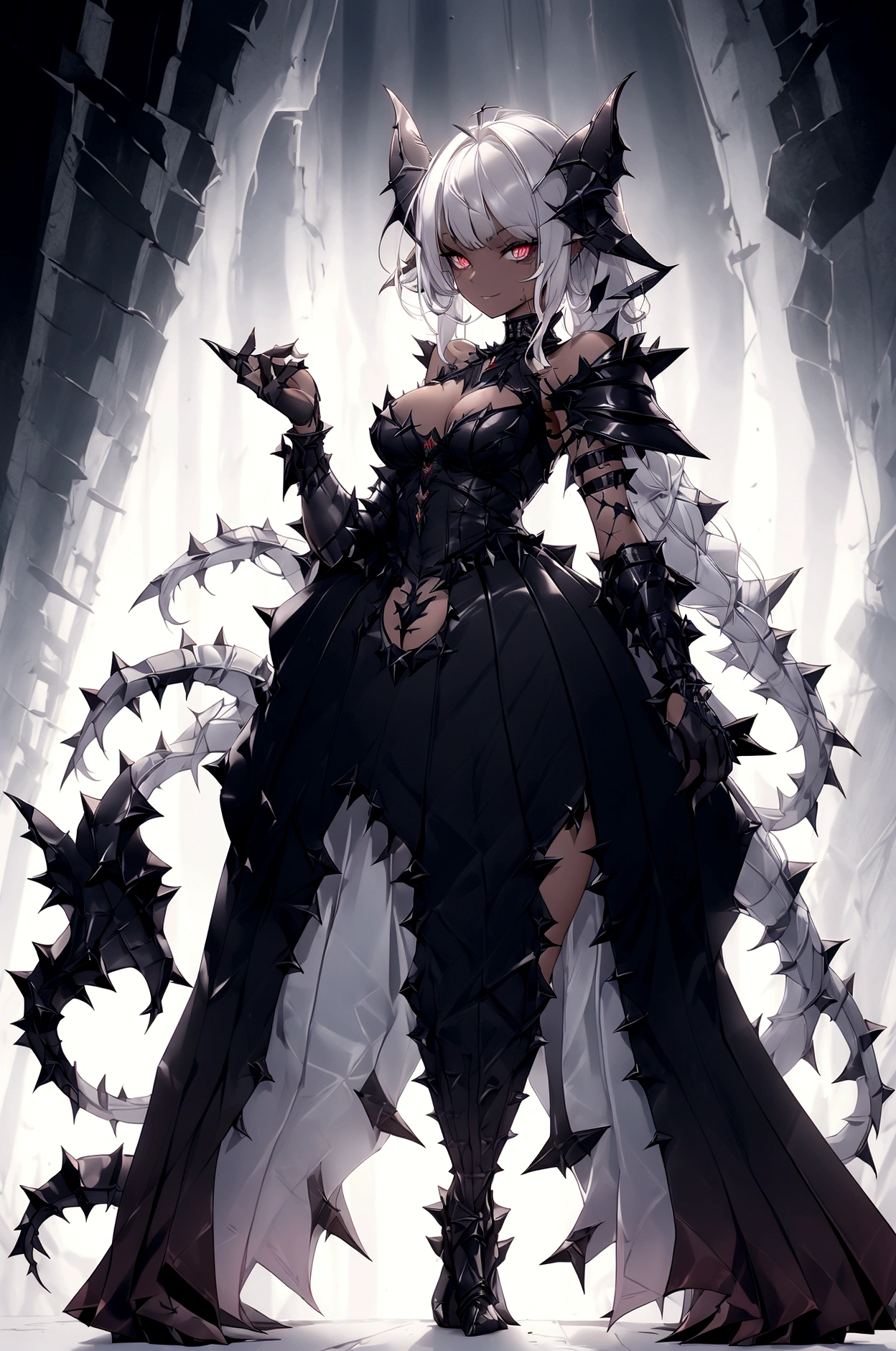 masterpiece:2, high quality:2, best quality:2, corruption, off-shoulder short black seksy short kimono, perfect anatomy, CG:1.9, ultra detailed:1.9, ultra-detailed:1.9, high resolution:1.9, high res:1.9, absurdres:1.9, fox ears, nine fox tails, large hips, ample curves, detailed hands, detailed fingers, detailed feet, detailed toes, 1girl, solo, look at viewer, detailed background:2, eldritch background, horror (theme), (white hair, black hair), dark persona, evil smile, black costume, colored skin, white or dark skin, tendrils, white or dark tendrils, dark tendrils, white or dark tendril body:1.9, body made of white or dark tendrils:1.9, body horror, violence, yandere, crazy, pure evil, monster, monster girl, possessed, corrupted, cosmic horror, eldritch, eldritch abomination, multicolored clothes, tendril clothes:1.4, living clothes:1.4, spikes, white or dark spikes, dress, skirt, ((armor)), full armor:1.8, white or dark corrupted eldritch spiky scaly tendril armor:1.75, white or dark armored scaly tendril dress:1.29, white or dark armored scaly tendril skirt:1.3, shoulder armor, white or dark spiky scaly tendril shoulder armor:1.31, vambraces, white or dark spiky scaly tendril vambraces:1.35, greaves, white or dark spiky scaly tendril greaves:1.35, cuisses, white or dark spiky scaly tendril cuisses:1.35, faulds, white or dark scaly tendril faulds:1.4, cuirass, white or dark scaly tendril cuirass:1.4, chestplate, white or dark scaly tendril chestplate:1.45, claws, white or dark claws, gauntlets, white or dark clawed spiky scaly tendril gauntlets:1.66, boots, white or dark clawed spiky scaly tendril boots:1.66, white or dark shoulder spikes, white or dark spiky tendril bracelet, white or dark spiky tendril armlet, white or dark spiky tendril choker, pauldrons, white or dark spiky scaly tendril pauldrons:1.66, tendril hair, living hair:1.58, crazy smile, open mouth, detailed eyes:2, crazy eyes, colored sclera, black sclera, bright pupils, yellow pupils:1.9