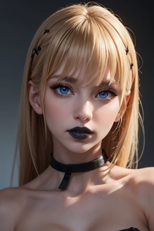 Masterpiece, Best Quality,  gothic girl, clavicle, looking at the viewer stunning blue eyes, white skin eyeliner, perfect detailed 12k, Hair with bangs , beautiful face, perfect mouth,  black lipstick,  voluminous and sensual lips, big and heavy bust 