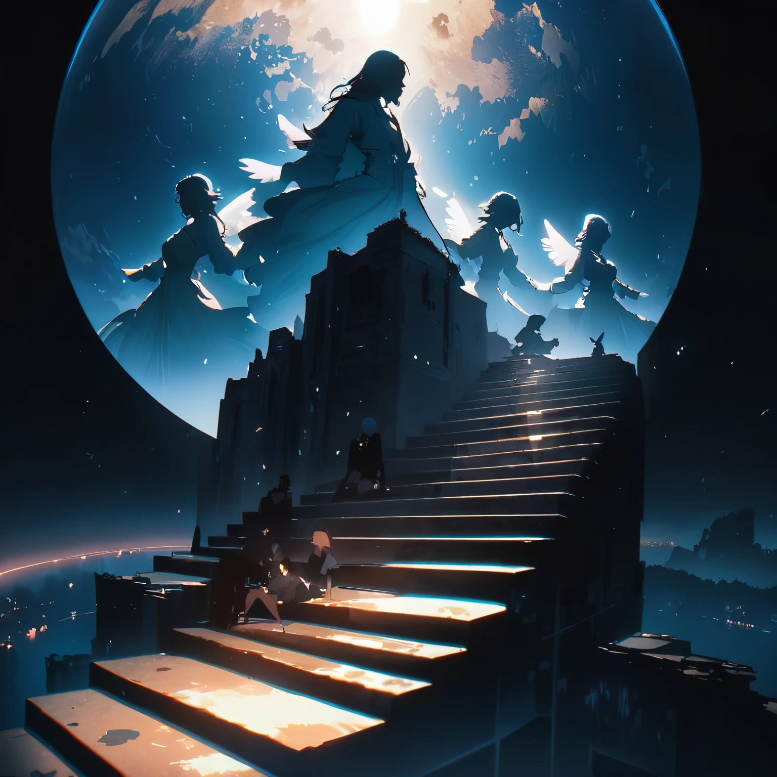 (best quality,8k,highres, masterpiece:1.2), dramatic lighting,Multiple angels, night sky, outdoors, beard, spotlight from the sky, ladder from the earth to the moon, angels sitting on steps here and there, double exposure,(anime style)