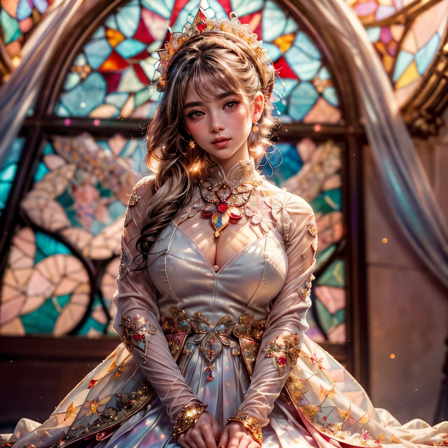 (((ZoomLayer)))(Masterpiece: 1.2), (Super detailed: 1.35)(Realistic Photorealistic ((ProfessionalPhoto: 1.37)), girl in delicate lace white dress, ((Accurate anatomy Gaku's body and hands)), {close-up of cute GlossyRED lips|Dynamic-angle}, ((dazzling stained glass background))(( Colorful light shines through the stunning elaborate stained glass:1.2)) bright red color. ExtremelyDetailed cute face, beautifully detailed eyes ElaboratePupils with (sparkling highlights:1.28), DoubleEyelids with Detailed long eyelashes, subtle blush on the face, Rosy cheeks, Impeccable oily PearlSkin texture, mysterious sight, (BokeH Blurred Background:1.46), {Corrected BabyLikeHand|HiddenHands}, 