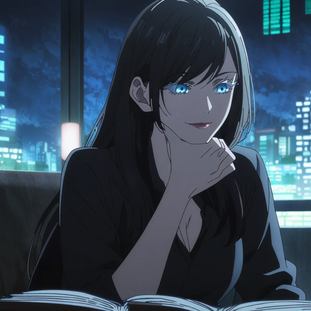 1girl, female gojo satoru, anime screencap from jujutsu kaisen, gojo satoru female version, solo, very long_hair, ((smooth texture hair)) blue eyes, ((white eyelashes)), ((very long black_hair and Blue texture)), night view, breasts, upper_body, smile, indoors, book, bangs, blue_eyes, lips, (wearing round sunglasses) (( very long hair, swept bangs)) wearing black color shirt, breast, "very detailed and high resolution" (blue eyes) ((one hand on the chin))  ((smooth texture hair)) ((solo)) ((high resolution)) ((upper body)) (Good quality)  cleavage, (sitting) ((black hair and blue texture))