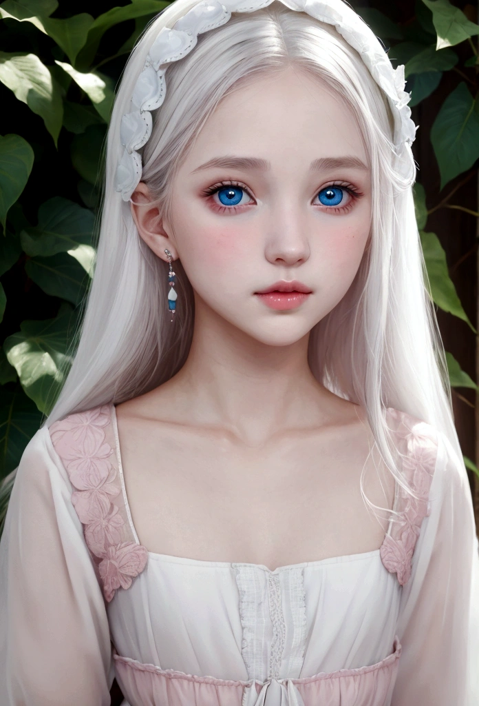 young girl, ( envuelta en una White skin)* eyes are a deep blue-green color, White skin, ruddy cheeks, sincellied nose, small pink lips,gentle and elegant look, , dress, Renaissance