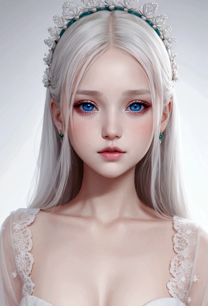 young girl, ( envuelta en una White skin)* eyes are a deep blue-green color, White skin, ruddy cheeks, sincellied nose, small pink lips,gentle and elegant look, , dress, Renaissance