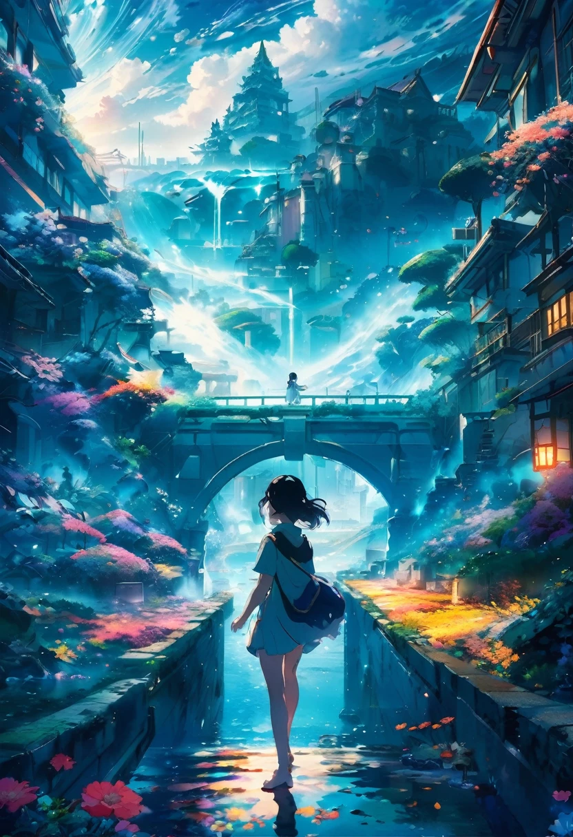 visual principal do anime, Paisagens de obras-primas,uma garota, Da cidade de Atlântida, fundo complexo, condição de neblina, ciberdélico, luz de floração, lente macro, Estilo de cor, "Cercado por nuvens，Linda imagem fluida，Paisagens delicadamente pintadas，Nuvens leves flutuam na superfície da água.，isto&#39;é como um país das fadas。A luz enevoada penetra nas nuvens.，Efeitos impressionantes de luz e sombra são refletidos.。Na foto há um mar de nuvens.，A paisagem à frente é fascinante