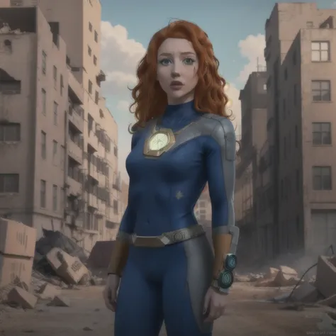 a girl with ginger curly hair wearing (vaultsuit with pipboy3000 on wrist) standing in a ruined city, professionally color grade...