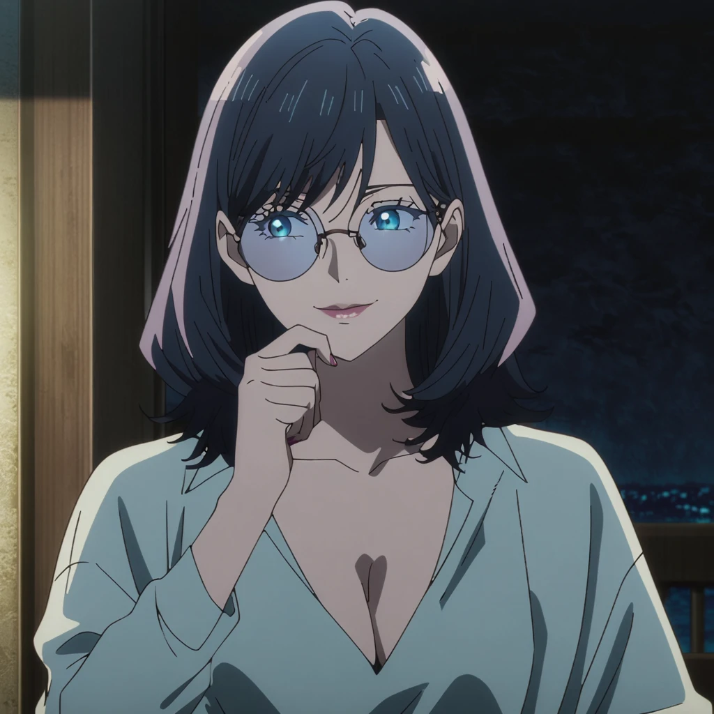 1girl, female gojo satoru, anime screencap from jujutsu kaisen, gojo satoru female version, solo, medium_hair, ((smooth texture hair)) blue eyes, ((very long dark blue_hair)), night view, breasts, upper_body, smile, indoors, book, bangs, blue_eyes, lips, (wearing round sunglasses) ((medium hair, swept bangs)) wearing black color shirt, breast, "very detailed and high resolution" (blue eyes) ((one hand on the chin))  ((smooth texture hair)) ((solo)) ((high resolution)) ((full body)) (Good quality)  cleavage, ((dark blue hair))