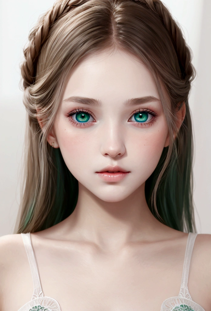 young girl, ( envuelta en una White skin)* eyes are a deep blue-green color, White skin, rubbed cheeks, sincellied nose, small pink lips,gentle and elegant look, , dress, Renaissance, dark green eyes hair, dark brown*