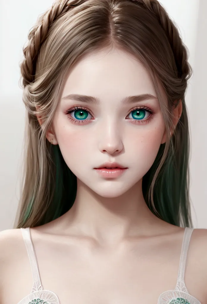 young girl, ( envuelta en una White skin)* eyes are a deep blue-green color, White skin, rubbed cheeks, sincellied nose, small p...
