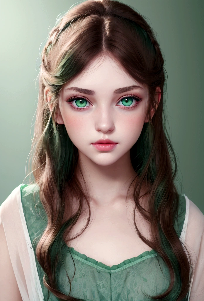 jeune fille, ( envuelta en una peau blanche)* les yeux sont d&#39;une couleur bleu-vert foncé, peau blanche, joues frottées, nez sincère, petites lèvres roses,look doux et élégant, , robe, Renaissance, ((yeux vert foncé)),((cheveux, Marron foncé))