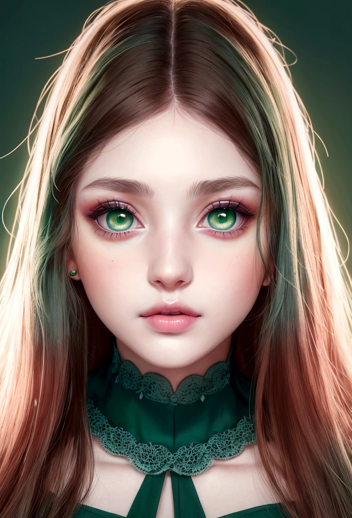 young girl, ( envuelta en una White skin)* eyes are a deep blue-green color, White skin, rubbed cheeks, sincellied nose, small pink lips,gentle and elegant look, , dress, Renaissance, ((dark green eyes)),((Hair, dark brown))