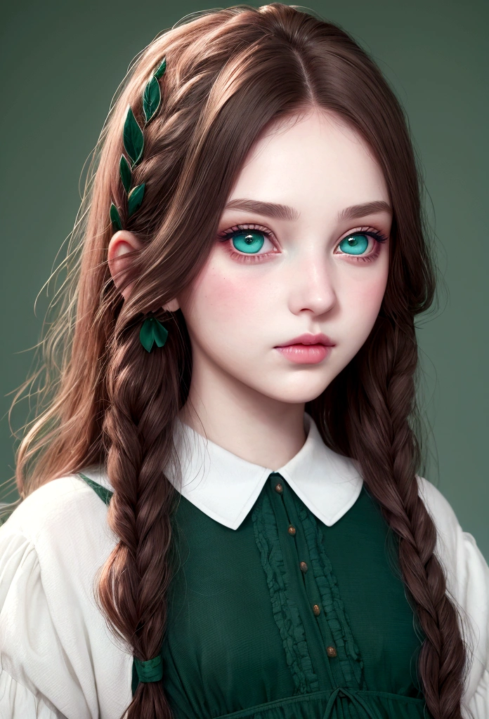 young girl, ( envuelta en una White skin)* eyes are a deep blue-green color, White skin, rubbed cheeks, sincellied nose, small pink lips,gentle and elegant look, , dress, Renaissance, ((dark green eyes)),((Hair, dark brown))