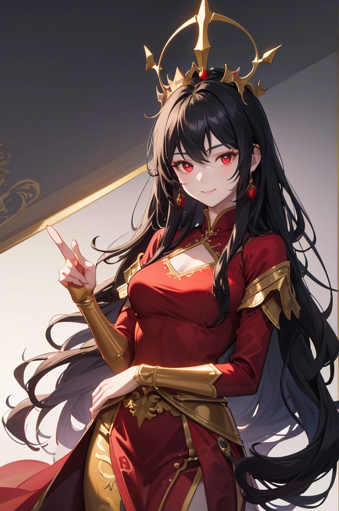 (very delicate, Masterpiece, Excellent lighting and shadows, HD wallpaper 8K), Young woman, matures, black hair, red tip, red eyes, Thin waist, wide hips, fashion, Empress dress, Golden Dragon Hill, charming smile, holding a pointed spear, wearing a golden crown, brave.