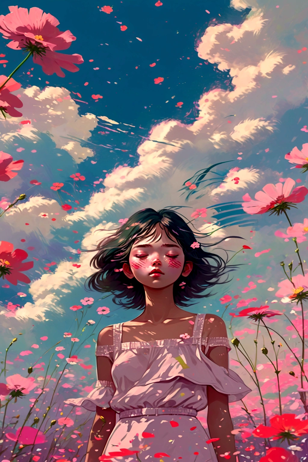 a woman standing in a field of flowers with a sky background, a digital painting inspired by Yanjun Cheng, pixiv contest winner, digital art, a beautiful artwork illustration, artwork in the style of guweiz, trending on artstration, lofi girl, digital anime illustration, beautiful digital illustration, lofi art, dreamy illustration, painterly illustration