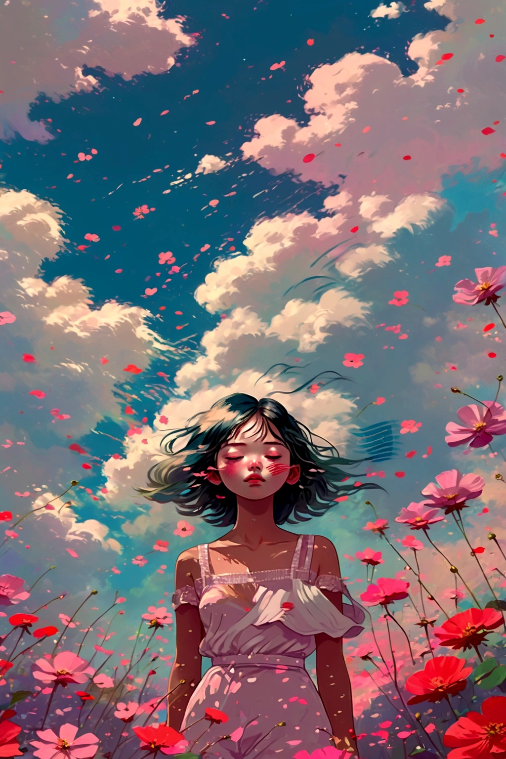 a woman standing in a field of flowers with a sky background, a digital painting inspired by Yanjun Cheng, pixiv contest winner, digital art, a beautiful artwork illustration, artwork in the style of guweiz, trending on artstration, lofi girl, digital anime illustration, beautiful digital illustration, lofi art, dreamy illustration, painterly illustration