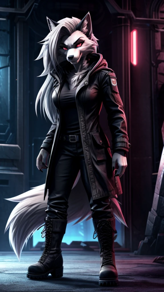 Loona from Helluva Boss, female wolf, anthro, mature adult, white hair with fringe, grey eyes, infected with blacklight virus, based and inspired by Prototype game series, hooded trench coat, black shirt, pants, boots, glowing red eyes with visible iris, sharp claws, smile, visible fangs, mutant, standing, menacing, detailed, solo, beautiful, high quality, full body, 4K