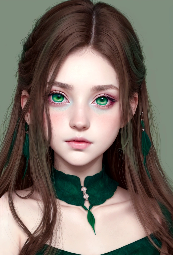 young girl, ( envuelta en una White skin)* eyes are a deep blue-green color, White skin, rubbed cheeks, sincellied nose, small pink lips,gentle and elegant look, , dress, Renaissance, ((dark green eyes)),((Hair, dark brown))