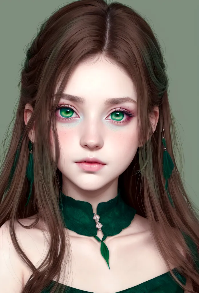 young girl, ( envuelta en una White skin)* eyes are a deep blue-green color, White skin, rubbed cheeks, sincellied nose, small p...