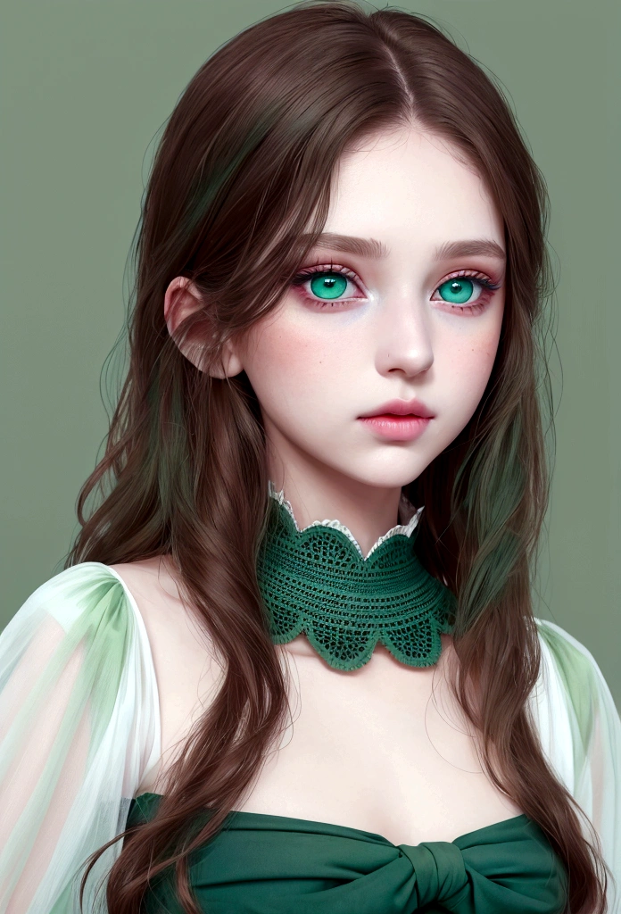 young girl, ( envuelta en una White skin)* eyes are a deep blue-green color, White skin, rubbed cheeks, sincellied nose, small pink lips,gentle and elegant look, , dress, Renaissance, ((dark green eyes)),((Hair, dark brown))