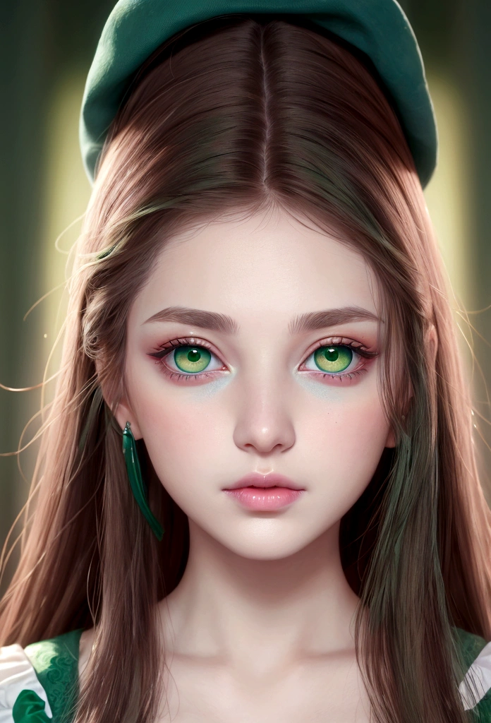 young girl, ( envuelta en una White skin)* eyes are a deep blue-green color, White skin, rubbed cheeks, sincellied nose, small pink lips,gentle and elegant look, , dress, Renaissance, ((dark green eyes)),((Hair, dark brown))