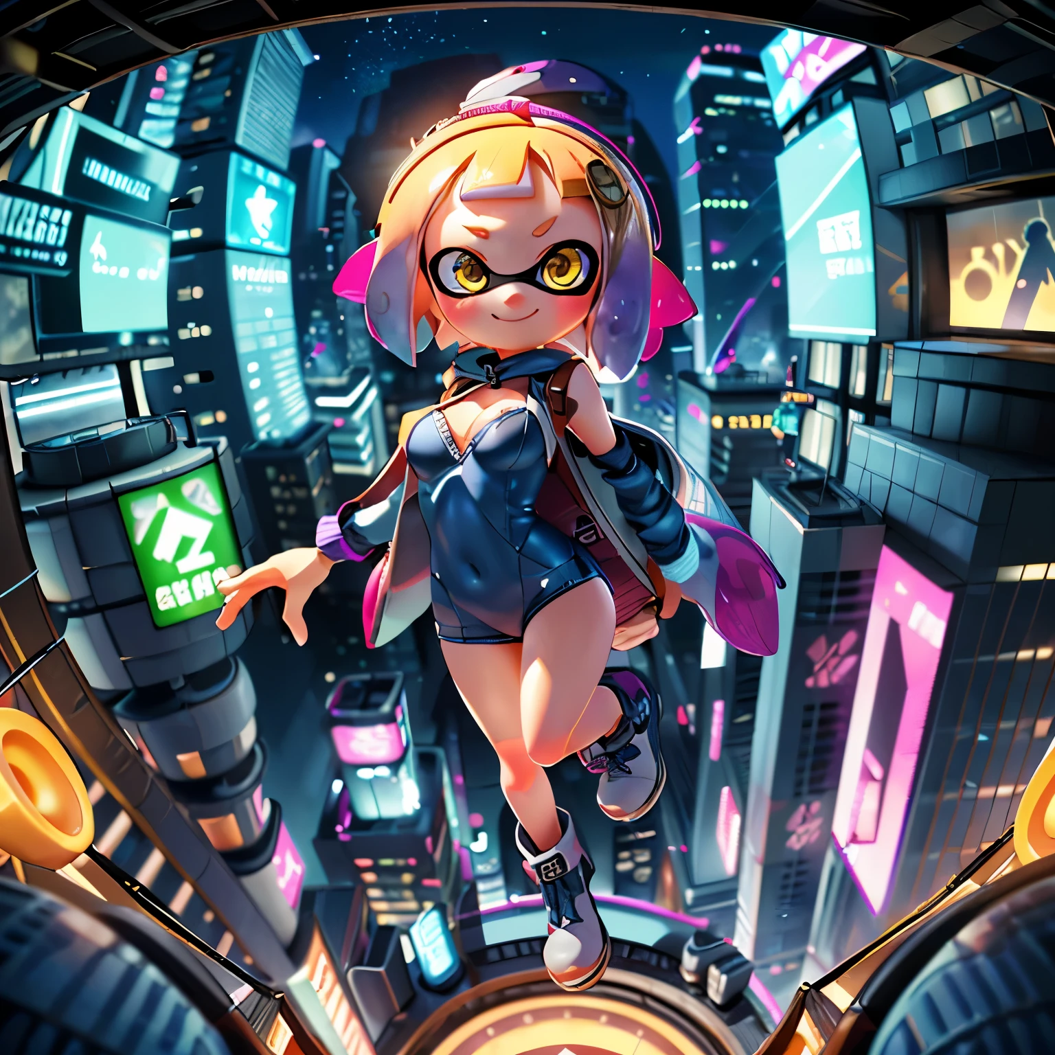 (masterpiece:1.2), Highest quality,Realistic, High resolution、
Cyber World,((One Splatoon girl)), Letterbox, alone, Golden Eyes、smile、blush、A slightly thinner face、Golden tentacle hair, Big Breasts、Cleavage、scenery, short hair, Jacket, sf, Holding, Holographic interface, The tallest building observation deck、Outdoor、((Miniature city))、A small looking town、City wide angle、city, blue Jacket, Fingerless gloves, city lights, Girl looking at the city below, cityscape, boots, building, night, Angle from above、Dynamic Pose、Jump、jump off、Fisheye Lens、Real Anime、3d、
xuer flies over