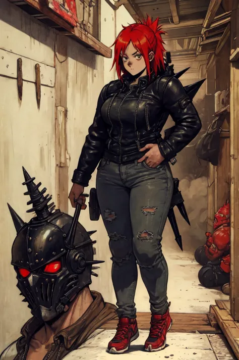 Dorohedoro Style, sexy young girl in a knight's helmet with short red hair sticking out from under it, a heavy leather jacket wi...