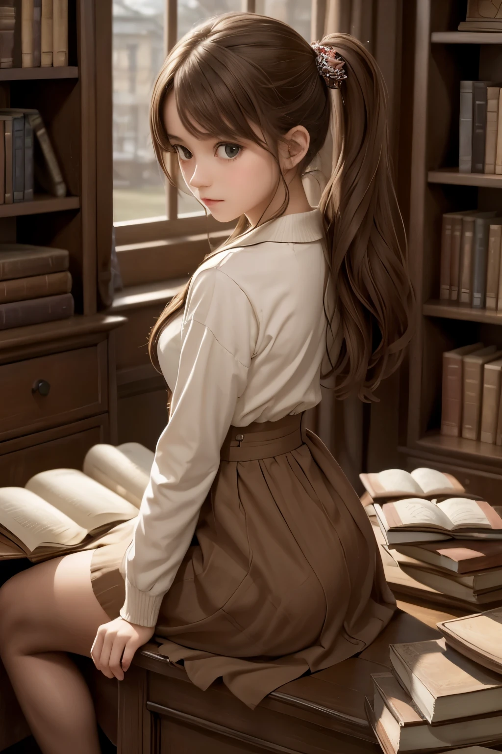 ((шедевр,Лучшее качество))1 девушка, Один, книжная полка, стопка книг, в помещении, украшение для волос, 