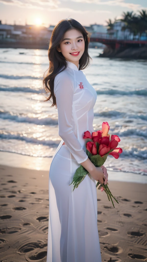 detailed body, attractive body, perfect human body, realistic face,
(ultimate quality, masterpiece, highres:1.0), realistic:1.6, photorealistic,
[8k UHD photos, UHD high quality photos, Super detailed and super clear images],
Close-up of a Vietnamese girl with a beautiful face and balanced body, leggy, round face, big round eyes, Charming smile, Red lips, long curly eyelashes, big dimples, pointed chin, plump face, Her face resembles BaoTran x ThanhThanh, Tall and plump figure, see-through pants with clearly visible underwear,
wearing a bright and shiny white silk ao dai with embroidered flowers, sitting and playing with the sand and ocean waves, pose sexy,
Silk ao dai,