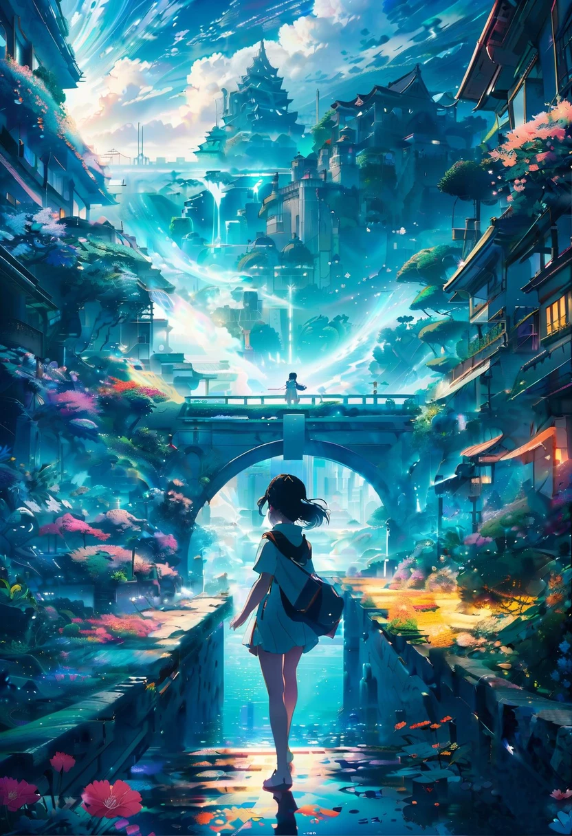 anime key visual, Masterpiece landscapes,A girl, From the city of Atlantis, complex background, foggy condition, cyberdelic, flowering light, Macro lens, Color style, "surrounded by clouds，Beautiful fluid image，Delicately painted landscapes，Light clouds float on the surface of the water.，It&#39;s like a fairyland。The misty light penetrates the clouds.，Impressive light and shadow effects are reflected.。In the photo there is a sea of clouds.，The landscape ahead is fascinating